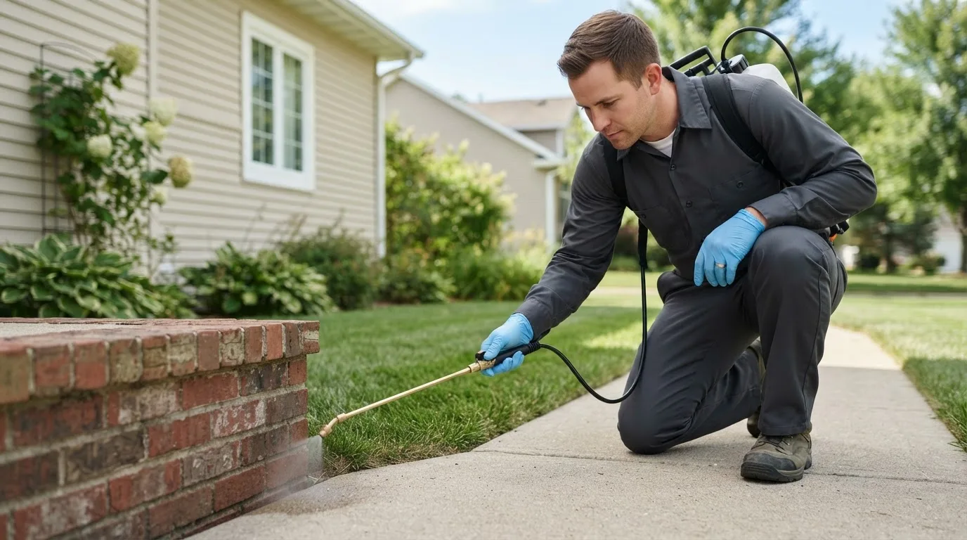 Pest control technician treating a home near Cambridge, NE