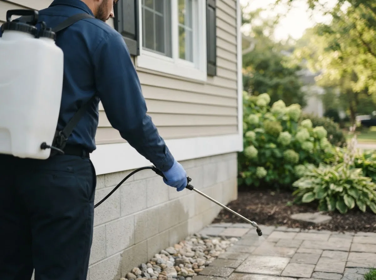 Pest control technician inspecting a home in Cambridge, NE
